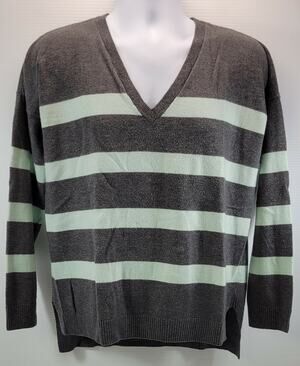 I2) GAP Women's V-Neck Gray Green Striped Sweater Medium Wool Blend